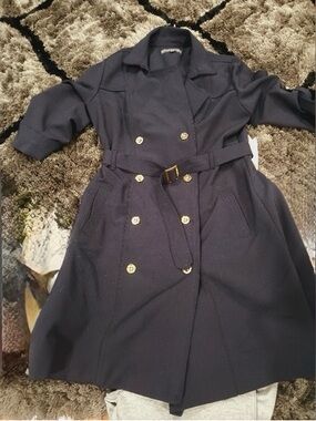 Sharagano Navy Blue Double-Breasted Midi Dress with Belt